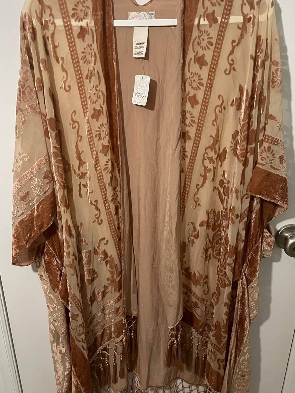 Free People Beige and Brown Velvet-Trimmed Boho Kimono NWT